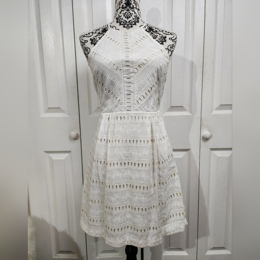 Ann Taylor LOFT White Cotton Eyelet Lined Sleeveless Halter Dress